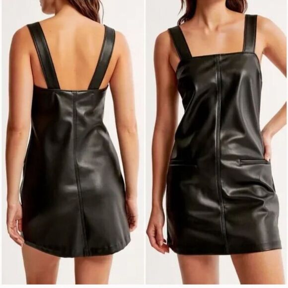 Abercrombie & Fitch Faux Leather Black Mini Dress NEW Size Medium Tall - Picture 2 of 12